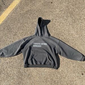 Gray Hooded Sweater with Ribbed Cuffs